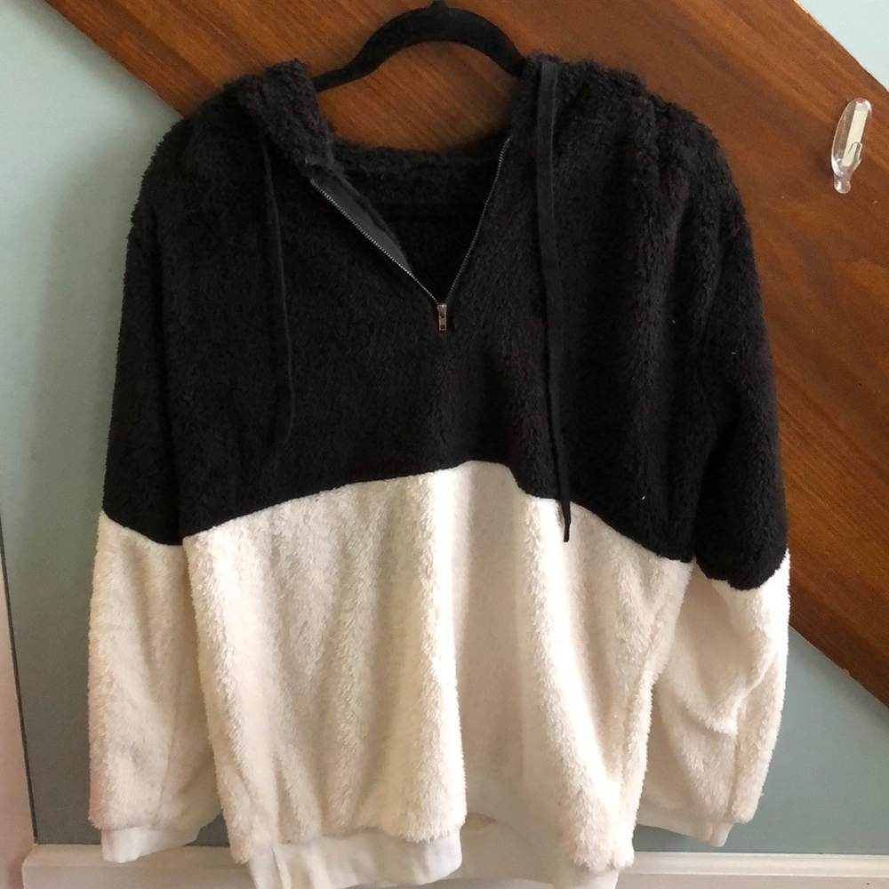 Black and white fuzzy hooded sweatshirt